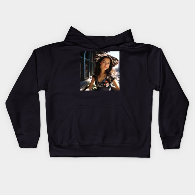 Smiling Female Model with Long Brown Hair and Fashionable Clothing Kids Hoodie by Maverick Media